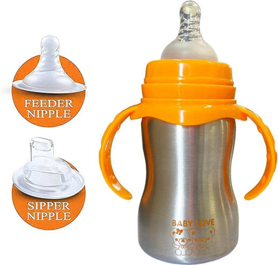 JOYFILLS 2 in 1 Baby Stainless Steel Feeding Bottle for Kids/Infants | Sipper, Nipple - 240 ml(Orange Pack of 1)