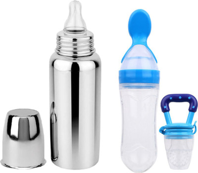 ORILACE Baby feeding bottle with silicone spoon bottle & feeder 0 to 2 years BPA free - 250 ml(BBOTTLE+BLUESPOON+BLUEFEEDER)