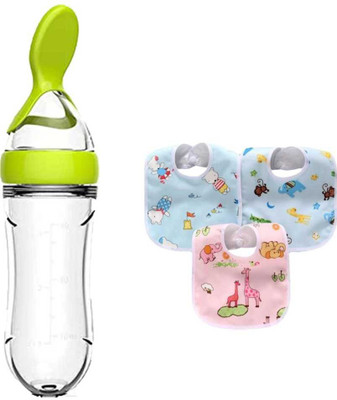 CHILD CHIC Feeding Combo Pack Spoon Bottle Feeder & Three Cartoon Print WaterProof Bibs - 90 ml(Green)