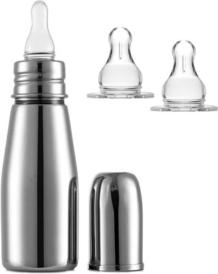 Pappa Slim Stainless Steel Baby Feeding Bottle with extra 2 nipples - 250 ml(Silver)