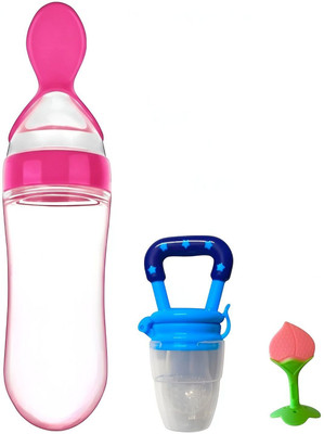 VrindaAccess Baby Silicone Feeder Set Squeeze Bottle Spoon Feeder + Teether + Fruit Nibbler - 90 ml(Multicolor)