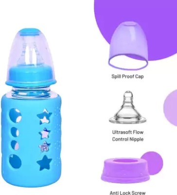 Drake Premium Quality Food Grade, Clear Glass Baby Feeding Bottle with Silicone Cover - 120 ml(Blue)