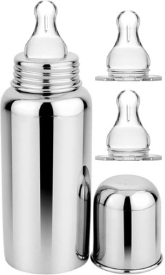 PGD Steel Baby Feeding Bottle with Extra 2 Anti-Colic Silicon Nipples - 220 ml(Plain Silver)