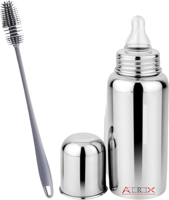 AEREX Stainless Steel Baby Milk Feeding Bottle for With Brush for Babies Toddlers - 240 ml(Silver)