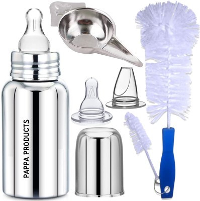 Pappa Baby Feeding Bottle 250ml with Brushes, Paladai Spoon, Sipper and Nipple - 250 ml(Silver)