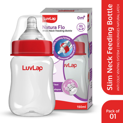 LuvLap Anti-Colic Wide Neck Natural Flow Baby Feeding Bottle, BPA Free Pack of 1 - 150 ml(Red)