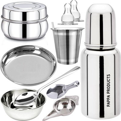 Pappa Baby gift set Steel feeding bottle, Feeder Spoons, Bowl, Plate, Glass - 150 ml(Plain silver)