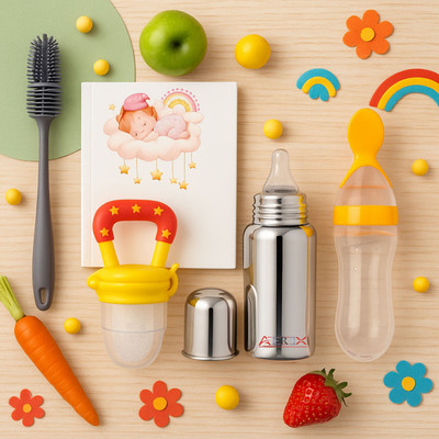 AEREX Stainless Steel Feeding Bottle Fruit Nibbler Spoon Feeder & Cleaning Brush - 100 ml(Yellow)