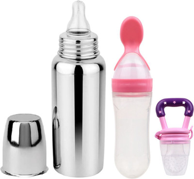 ORILACE Baby feeding bottle with silicone spoon bottle & feeder 0 to 2 years BPA free - 250 ml(BBOTTLE+PINKSPOON+PINKFEEDER)