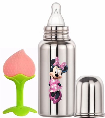 Kartkla Stainless Steel Milk Feeding Minnie Bottle With Lovely Pink Green Teether - 260 ml(Croma Steel)