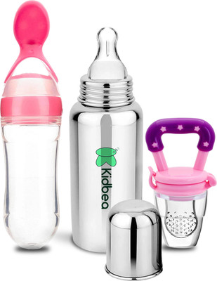 KIdbea Stainless Steel Bottle, Silicone Food and Fruit feeder BPA Free - 250 ml(Pink)