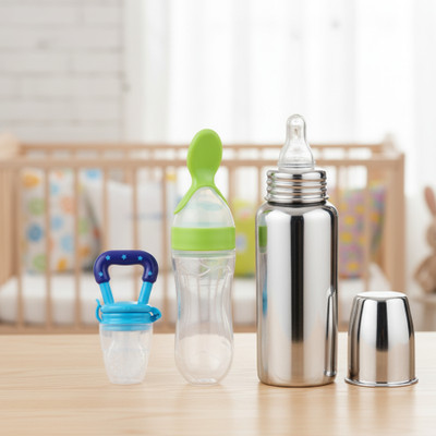 ORILACE Baby feeding bottle with silicone spoon bottle & feeder 0 to 2 years BPA free - 250 ml(BBOTTLE+GREENSPOON+BLUFEEDER) ORILACE Baby feeding bottle with silicone spoon bottle & feeder 0 to 2 years BPA free - 250 ml(BBOTTLE+GREENSPOON+BLUFEEDER)