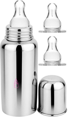 PGD Steel Feeding Bottle with Extra 2 Anti-Colic Silicon Nipples for New Born Babies - 250 ml(Plain Silver)