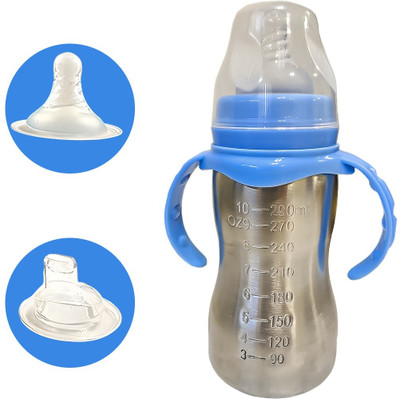 JOYFILLS 2 in 1 Baby Stainless Steel Feeding Bottle for Kids/Infants | Sipper, Nipple - 290 ml(Blue, Silver)