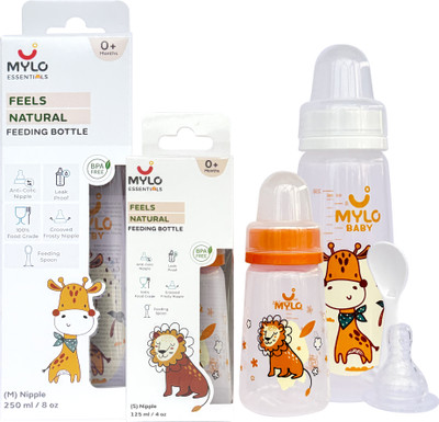 MYLO Baby Feeding Bottles for New Born Babies with Spoon | Anti Colic - (125+250ml) - 375 ml(Loin + Giraffe)