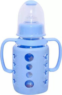 KIDS MY LITTLE Premium Glass Feeding Bottle With Removable Silicon Cover and Training Handle. - 120 ml(Multicolor)