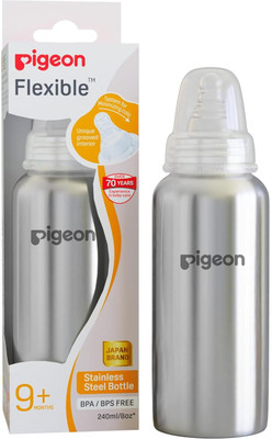 Pigeon Stainless Steel Bottle 240ml L Size with Plastic Hood & Cap - 240 ml(Silver)