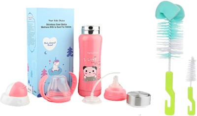 InEffable Multifunctional Stainless Steel Feeding Bottle With Bottle Cleaning Brush - 240 ml(Pink, Sky Blue)