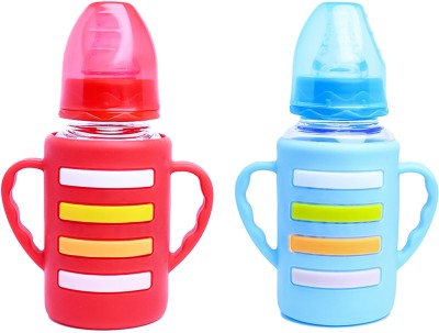 The Little Lookers Glass Feeding Bottle with Handle Silicon Cover for Baby - Red & Blue (120ml) - 120 ml(Red-Blue)