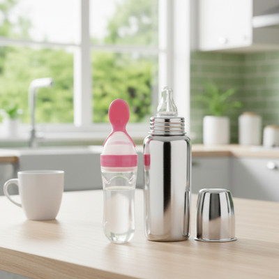 ORILACE Baby feeding bottle with spoon silicone bottle 0 to 2 years BPA free - 250 ml(BOTTLE+PINKSPOON)