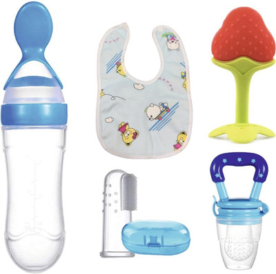 Magic Pebbles Combo of 5 Baby Silicone Fresh Food Feeder/Nibbler/Teether/Finger Brush/Bib - 90 ml(Blue)