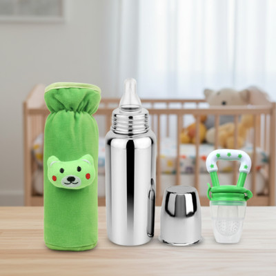 ORILACE Baby feeding bottle with cover & baby fruit feeder 0 to 2 years BPA free - 250 ml(GREEN+BOTTLE+G+FEEDER)