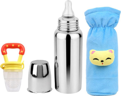 BLUSCAILE Baby Steel Feeding Bottle with Anti Colic Valve, for Babies 250 ml (Silver) - 250 ml(SKYBLUBOTT+YELLOWFEEDER+001) BLUSCAILE Baby Steel Feeding Bottle with Anti Colic Valve, for Babies 250 ml (Silver) - 250 ml(SKYBLUBOTT+YELLOWFEEDER+001)