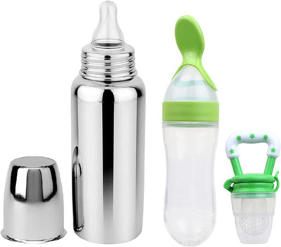 ORILACE Baby feeding bottle with silicone spoon bottle & feeder 0 to 2 years BPA free - 250 ml(BBOTTLE+GREENSPOON+GREENFEEDER)