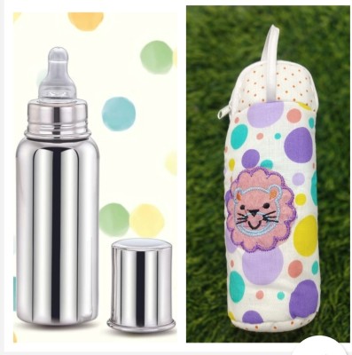 GUNGUN Stainless Steel 304 Grade Baby Feeding Bottle-BPA Free-With Multicolor Cover - 250 ml(Silver Bottle)