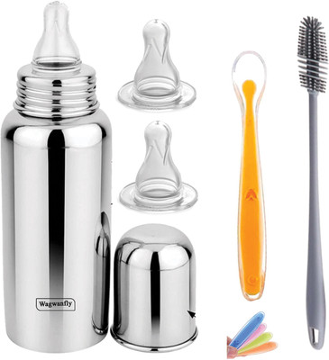 Wagwanfly Steel Baby Feeding Milk Bottle with Cleaning Brush for New Born Babies - 240 ml(Yellow-SP)