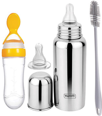 Wagwanfly Stainless Steel New Born Baby Feeding Bottle for Milk Water With Spoon Feeder - 240 ml(Silver-Yellow)