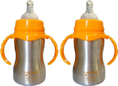 JOYFILLS 2 in 1 Baby Stainless Steel Feeding Bottle for Kids/Infants | Sipper, Nipple - 240 ml(Orange, Pack of 2))