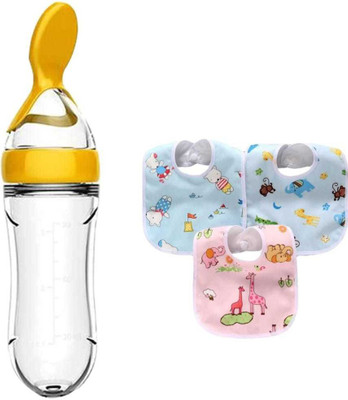 CHILD CHIC Feeding Combo Pack Spoon Bottle Feeder & Three Cartoon Print WaterProof Bibs - 90 ml(Yellow)