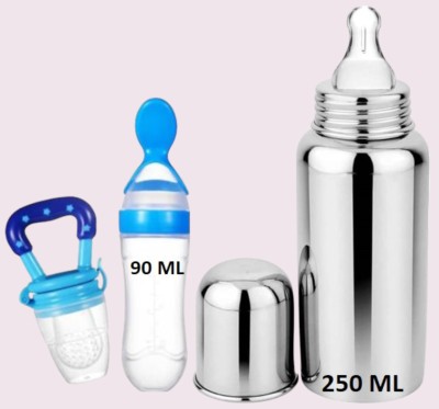 Kidsy Zilla Stainless Steel Baby Milk Feeding Bottle250ML 304 GRADE With Silicon Food Feeder - 230 ml(Blue)