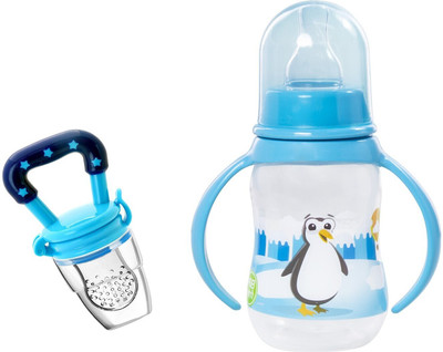 Jingle Kids Baby Soft Silicone Fruit Nibbler With Feeding Liquids Juice Milk 125ml Bottle - 125 ml(Blue Handle)
