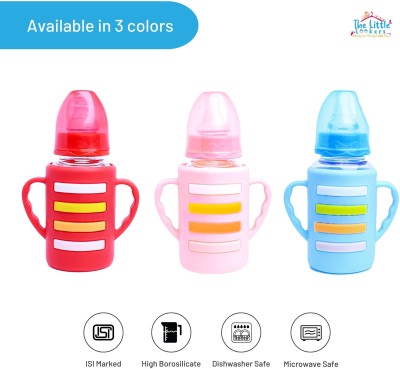 The Little Lookers Glass Feeding Bottle with Handle Silicon Cover for Baby - Red-Blue-Pink(120ml) - 120 ml(Red-Blue-Pink)