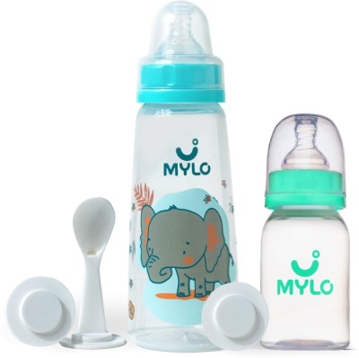 MYLO Baby Feeding Bottles for New Born Babies with Spoon | Anti Colic - (125+250ml) - 375 ml(Sea green & Elephant)