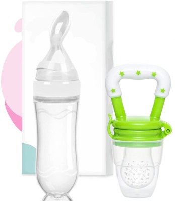 Millionminds Feeding Bottle With Spoon 90ML And Fruit Feeder/Teether (Combo Pack of 2 Items) - 90 ml(Multicolor)