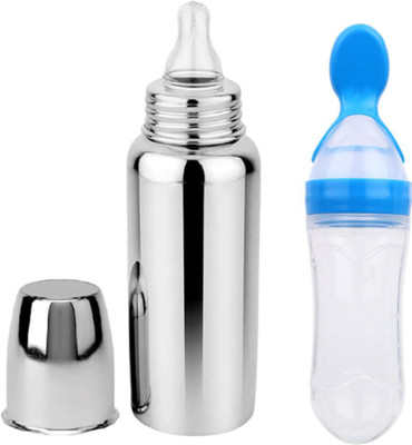 ORILACE Baby feeding bottle with spoon silicone bottle 0 to 2 years BPA free - 250 ml(BOTTLE+BLUESPOON)