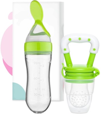 Millionminds Feeding Bottle With Spoon 90ML And Fruit Feeder/Teether (Combo Pack of 2 Items) - 90 ml(Multicolor)