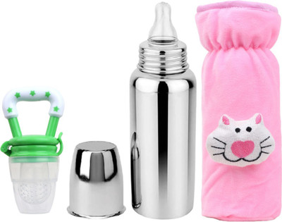 UNIECROUNEKIDS Baby feeding bottle with cover & baby fruit feeder 0 to 2 years BPA free - 250 ml(PINK+BOTTLE+GR+FEEDER)