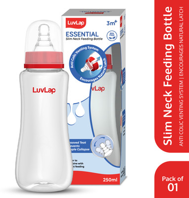 LuvLap Anti-Colic Slim/Regular Neck Essential Baby Feeding Bottle, BPA Free Pack of 1 - 250 ml(Red)