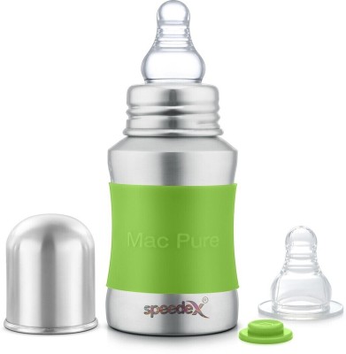 SPEEDEX Stainless Steel Baby Feeding Bottle with Internal ML Marking, Silicon Stopper & Silicon Grip (240 ml) (3 Extra Nipple Free) - 150(SILVER & GREEN)