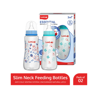 LuvLap Anti-Colic Slim Neck Essential Baby Feeding Bottle, Jungle Tales Pack of 2 - 250 ml(Blue, Green)