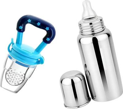 Claoberry Steel feeding baby bottle with Fruit Nibbler - 2 Pack Combo - 250 ml(Blue Nibbler + Feeding Bottle)