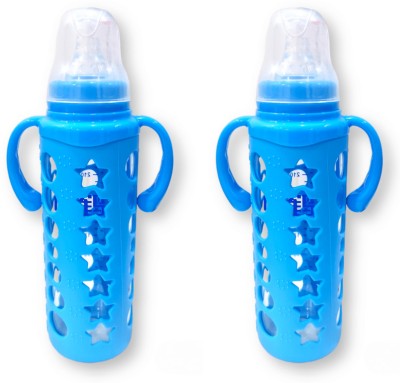 KIDS MY LITTLE Premium Glass Feeding Bottle With Silicone Cover & Training Handle. - 480 ml(Multicolor)