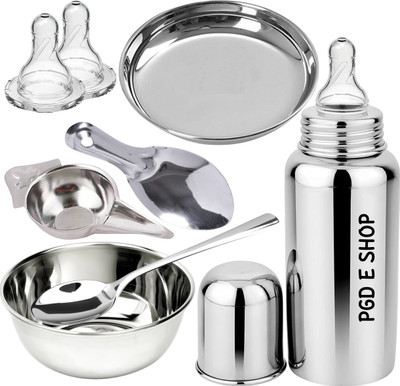 PGD New Born Baby Full Gift Set Steel Feeding Bottle, Feeder, Spoons, Bowl, Plate - 200 ml(Plain Silver)