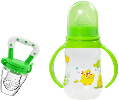 Jingle Kids Baby Soft Silicone Fruit Nibbler With Feeding Liquids Juice Milk 125ml Bottle - 125 ml(Green Handle)