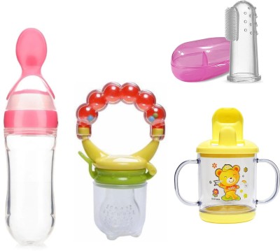Magic Pebbles Combo of 4 Baby Silicone Squeeze Fresh Food Feeder/Nibbler/Finger Brush/Sipper - 240 ml(Multicolors)