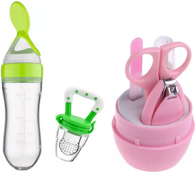 MARQUEONN ®Silicone Baby Food Feeding Bottle with Spoon Or Fruit Teether / nail cutter set - 90 ml(Random Color Pack of 3)